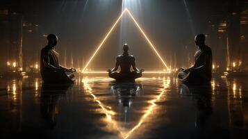 Glowing human silhouettes meditating in a triangular formation with dramatic lighting effects photo