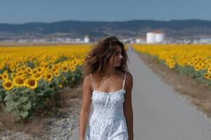 Walking through tall sunflowers on a sunny day in a rural landscape photo