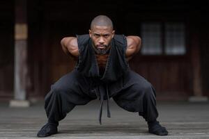 Martial artist performs a deep lunge in a traditional dojo during training session photo
