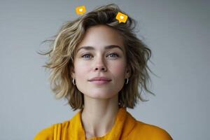 Woman with glowing notification icons smiles against a neutral background in a cozy indoor setting photo