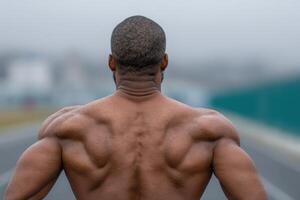 Athlete performs back stretching exercises on track field during early morning fog photo