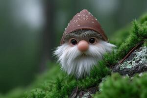 Garden gnome peeks from lush moss jungle in a serene woodland environment photo