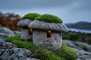 Mushroom-shaped homes blend seamlessly with moss on a rocky landscape during twilight photo