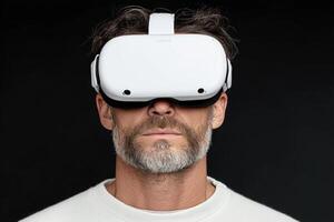 User experiences virtual reality immersion in studio lighting setting photo