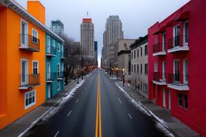 Vibrant urban landscape featuring colorful buildings and empty road at dawn photo