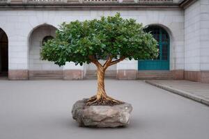 Unique ornamental tree with copper wire bark and lush leaves in urban courtyard setting photo