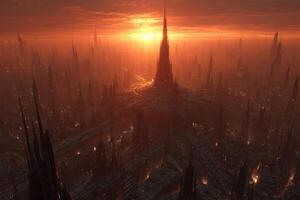 Futuristic megacity skyline illuminated by a vibrant sunset photo