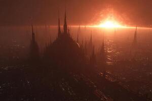 Futuristic megacity illuminated by the rising sun over expansive terrain photo