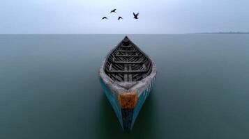 Canoe floating peacefully in calm sea under gray sky with birds flying above photo