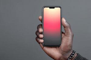 Hand holding a smartphone displaying a glowing interface in a neutral setting photo