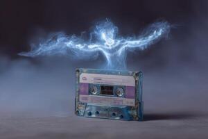 Floating glowing cassette tape above an old surface with a luminous figure emanating from it photo