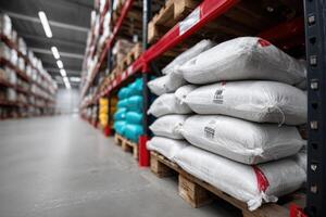 Warehouse filled with products stacked on pallets for storage and distribution purposes photo