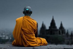 Meditating monk interacts with ancient technology amidst a beautiful sunset view photo