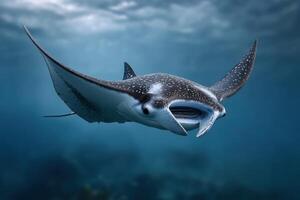 Ray gliding gracefully under a starry sky in an underwater landscape photo