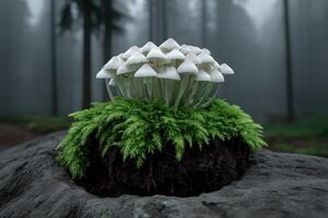 Mystical forest circle featuring bioluminescent fungi surrounded by lush green moss photo