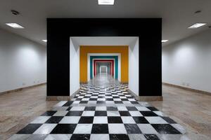 Confusing illusion of shifting walls and floors in a modern architectural space photo