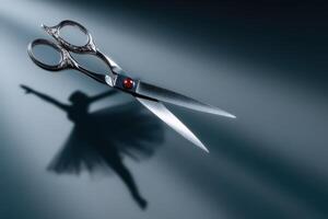 Scissors cast a shadow resembling a dancing human figure in soft light photo