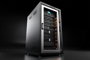 LED illuminated cabinet displays technology with partially open doors showcasing its interior photo