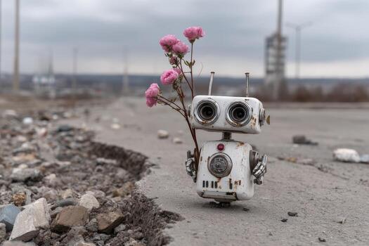 Watering flowers on a crumbled highway in a post-apocalyptic setting photo