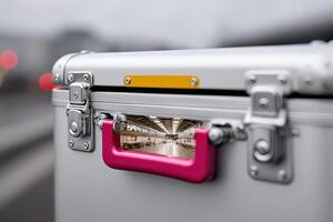 Cross-section of a suitcase revealing interior with small details in an airport setting photo