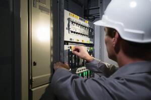 Technician inspecting electrical panel at facility during daytime work photo