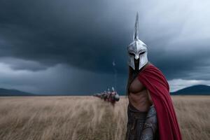 Spartan king leads a fierce charge across vast open fields under stormy skies photo