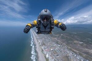 Skydiver suspended midair over breathtaking coastal landscape during daytime flight photo