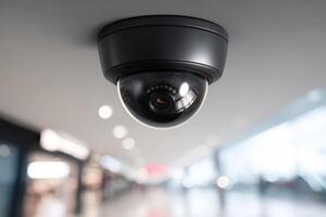 Reflections of hallway lights in a security camera at a modern building photo