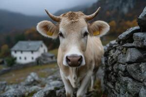 Cow in a quiet Georgian mountain village surrounded by nature photo
