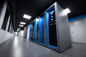 Confession booth surrounded by glowing data cabinets in a high-tech environment photo