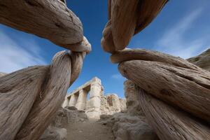 Twisted trunks form columns framing ancient ruins under a clear blue sky photo