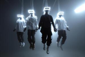 Humans suspended in mid-air wearing glowing headgear perform a captivating art display photo