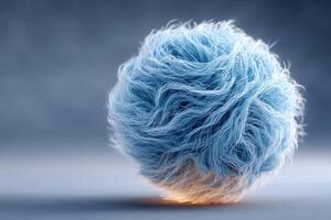 Fluffy blue yarn ball with intricate fiber texture displayed against a soft background photo