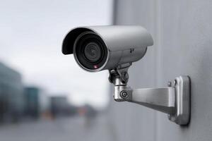 Close-up of a high-end surveillance camera mounted on a building wall in an urban setting photo