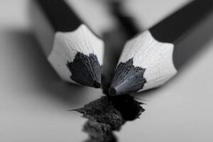 Broken pencil pieces separated on a smooth surface reflecting a moment of stillness photo