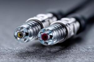 Macro view of illuminated LC fiber connectors showing detail and clarity for fiber optics applications photo