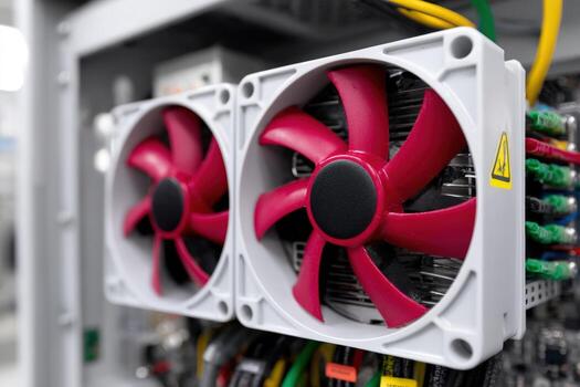 Server cabinet with dual power supply and cooling fans in a data center environment photo