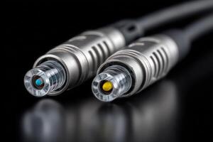 Macro view of LC fiber connectors illuminated in detailed focus on connectors and cables photo