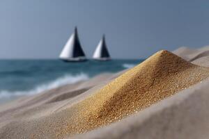 Sailing across a shimmering sea of golden sand with distant sails on the horizon photo