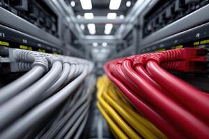 Neatly arranged patch cables in a server room highlight effective network organization and setup photo