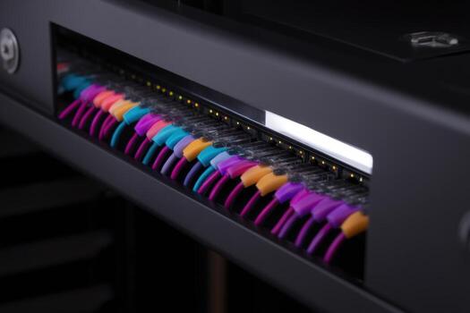 Network panel with colorful cables and brushed metal faceplate in modern technology setup photo
