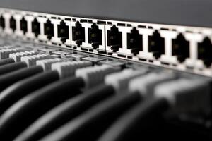 Shielded patch panel featuring multiple ethernet ports for network connectivity photo