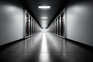 View of multiple server racks in a modern data center hallway during daytime photo