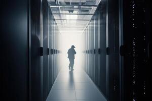 Walking through a hot aisle in a data center during operational hours photo