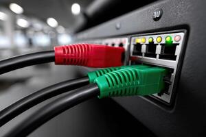 Patch cords connected to an Ethernet switch in a modern office environment photo
