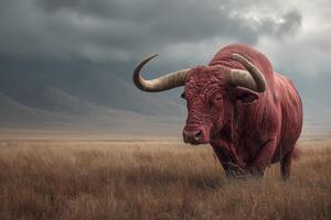 Strong red bull walks through grassy field under cloudy sky during the afternoon photo