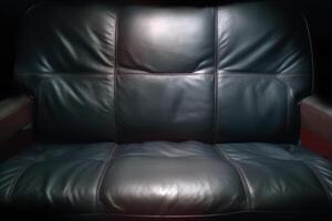 Close-up view of a dark leather couch showcasing texture and color in macro perspective photo