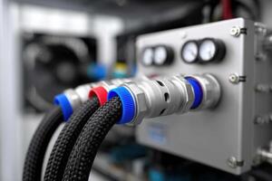Liquid cooling system featuring braided pipes with detailed fittings in a tech environment photo