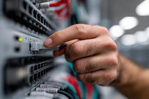 Technician adjusts network connections in a data center during routine maintenance work photo