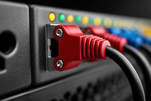Detailed view of a horizontal rack-mounted power distribution unit with connected cables photo